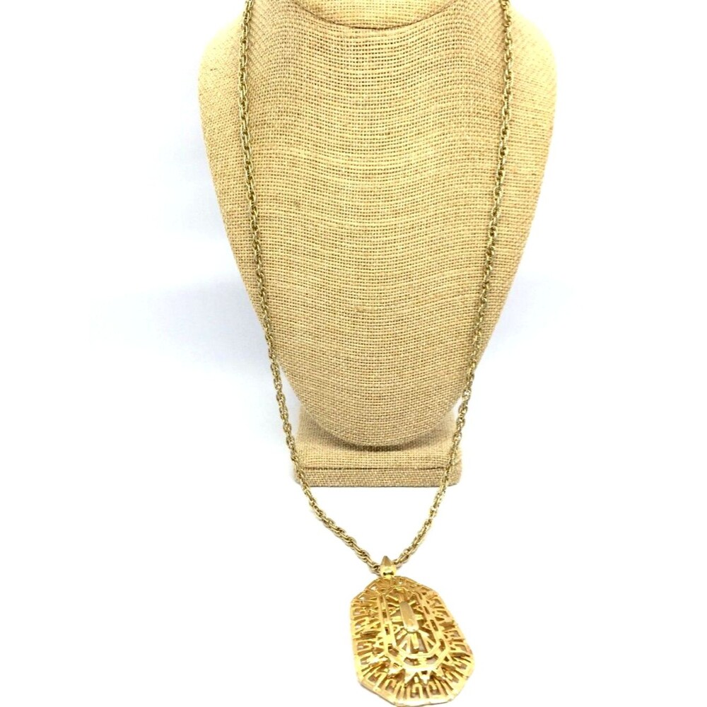VINTAGE MONET Necklace Gold Tone Egyptian Revival Pendant Etruscan Statement
